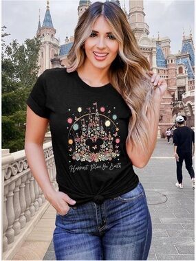 Black Graphic Castle Floral Tee - Women's Top size 2XL